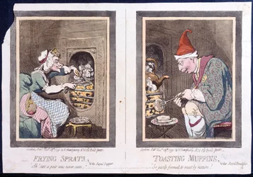 Frittura di spratti, o cena reale, e tostatura di muffin, o colazione reale, pubblicato da Hannah Humphrey nel 1791 (incisione colorata a mano)