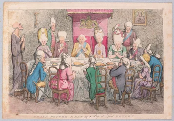 Grazie prima del pasto o uno sguardo a Lord Peters, pub. 1779 (incisione colorata a mano)