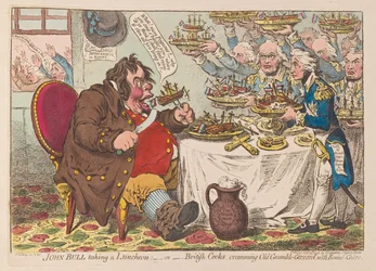 John Bull che pranza o cuochi britannici che riempiono Old Grumble Gizzard con Bonne Chere, pub. 1798