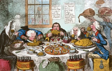 Substitutes for Bread, or Right Honourables Saving the Loaves  Dividing the Fishes, pubblicato da Hannah Humphrey nel 1795 (acquaforte colorata a mano)