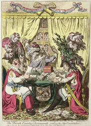 Il Triumvirato consolare francese che stabilisce la Nuova Costituzione con una sbirciatina ai buchi di piccione costituzionali di Abbe Sieyes sullo sfondo, pubblicato da Hannah Humphrey nel 1800 (incisione colorata a mano)