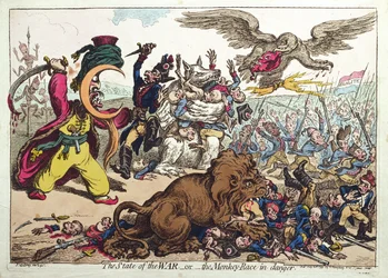The State of War, or The Monkey Race in Danger, pubblicato da Hannah Humphrey nel 1799 (acquaforte colorata a mano)