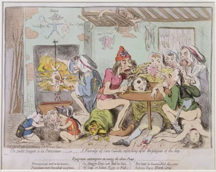 Un Petit Souper a la Parisienne, or A Family of Sans-Culottes Refreshing after the Fatigues of the Day, pubblicato da Hannah Humphrey nel 1792 (acquaforte colorata a mano)