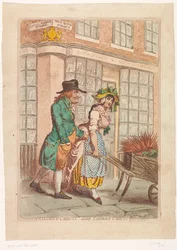Donna con una carriola di carote davanti alla vetrina del libraio Robert Faulder a Londra