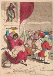 Scuola di Westminster o Dr Busby che regola i conti con il maestro Billy e i suoi compagni di gioco, pub. 1785 (incisione colorata a mano)