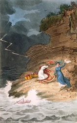 Due belle del periodo Regency bloccate su una spiaggia da una tempesta, c1795-1805
