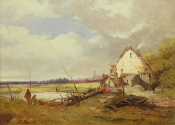 Pescatori presso un cottage sulla riva di un fiume