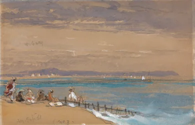 Scena di Spiaggia con Figure vicino a una Diga