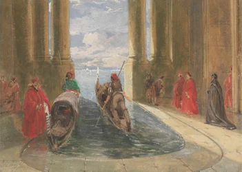 Dignitari veneziani che imbarcano gondole