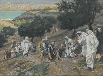 Gesù guarisce i ciechi e gli zoppi sulla montagna, illustrazione da La vita di Nostro Signore Gesù Cristo