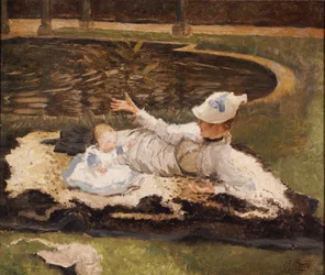 Mrs. Newton con un bambino vicino a una piscina