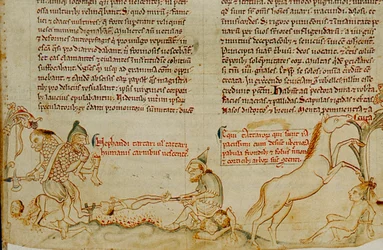 Manoscritto inglese del XIII secolo che mostra le truppe mongole che commettono atrocità...