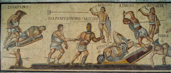 Mosaico romano che mostra gladiatori che combattono con varie armi. Galleria Borghese