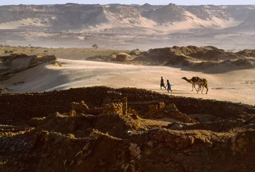 Cammello con membri della carovana del sale attraversa un altopiano desertico a BILMA, NIGER. BILMA, NIGER.