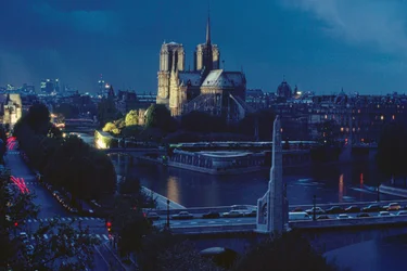 Veduta esterna di Notre Dame di notte. Parigi, Francia.