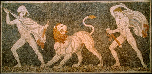 Mosaico raffigurante Alessandro Magno e Efestione che uccidono un leone