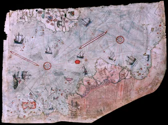 La mappa di Piri Reis Haritasi completata nel 1513. MUSEO DEL PALAZZO TOPKAPI, ISTANBUL, TURCHIA