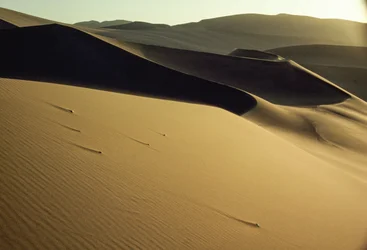 Vista delle dune tagliate nettamente in ombra vicino a Dunhuang. Provincia di Gansu, Repubblica Popolare Cinese.