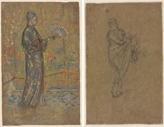 Donna giapponese dipinge un ventaglio (recto); donna in piedi solleva il vestito (verso)