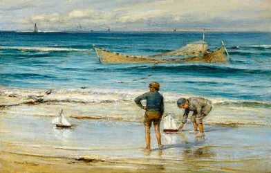 Barche giocattolo a vela sulla riva