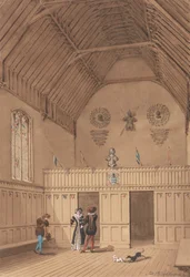 Sala con travi con figure in abiti del XVI secolo