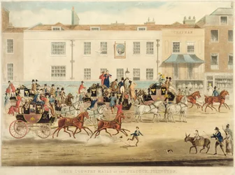 Le diligenze postali delle contee settentrionali al The Peakcock, Islington, 1838