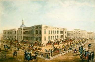 Veduta nord-est del vecchio ufficio postale generale con le carrozze della posta reale in partenza, c.1830