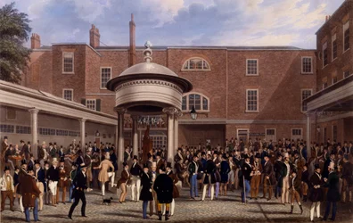 Giorno di regolamento a Tattersalls, stampa realizzata da Charles Hunt, 1836