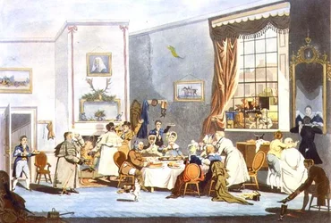 Passeggeri della diligenza a colazione (incisione)