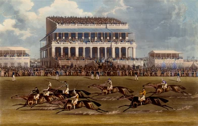 La tribuna principale alle corse di Epsom, stampa realizzata da Charles Hunt, 1836