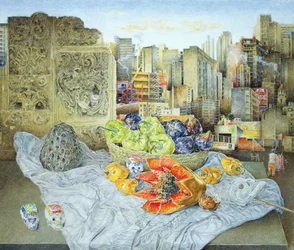 Natura Morta con Papaya e Paesaggio Urbano, 2000
