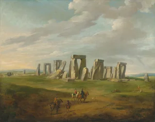 Stonehenge con carrozza e viaggiatori a cavallo