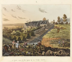 Veduta frontale della fattoria di La Haye Sainte, da "An Historical Account of Battle of Waterloo".