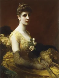 Ritratto di Lady Dixon di Rheda, tre quarti di lunghezza, seduta con un vestito giallo con fiori e un ventaglio
