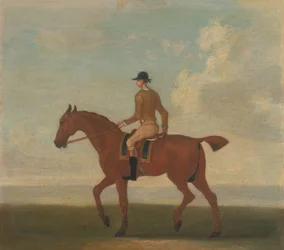 Uno dei quattro ritratti di cavalli - un cavallo da corsa castano con fantino in piedi: cammina verso sinistra; fantino con giacca giallo-blu.
