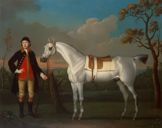 Il cavallo da corsa grigio "Crab" del Duca di Cumberland tenuto da uno stalliere (olio su tela)