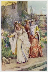 Nel giardino camminava la donna più bella che avesse mai visto, scena da The Kingis Quair