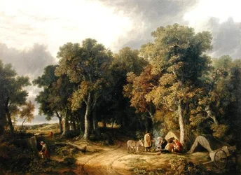 Accampamento in un paesaggio boscoso