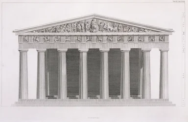 Elevazione frontale di un edificio classico, Volume II, Capitolo I, Tavola III, da "The Antiquities of Athens", di James Stuart