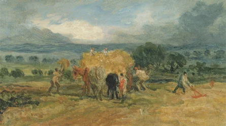 Scena di raccolto con lavoratori che caricano il fieno su un carro agricolo