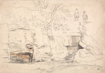 Una collina rocciosa con alberi e figure