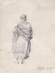 Vista posteriore di donna di campagna con cappello e scialle