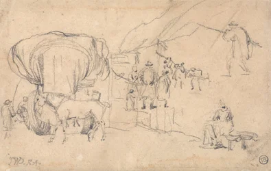 Foglio di schizzi: Carro, cavallo, lattaia e altri studi di figure