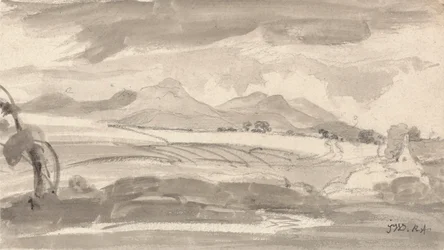 Vista sui campi verso montagne lontane, con un cottage a destra