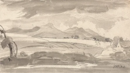 Vista su campi e montagne lontane, con un cottage sulla destra