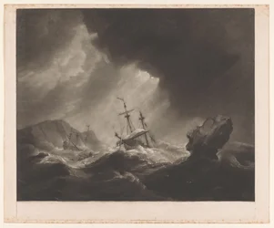 Tempesta in mare con naufragio e nave che affonda