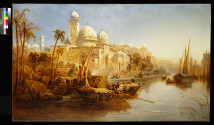 Imbarcazioni ormeggiate ai gradini di un palazzo moresco, 1875