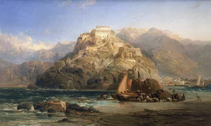 Veduta di San Sebastian (Spagna), al centro, Monte Urgull e gli edifici del castello di Santa Cruz de la Mota. Olio su tela di James Webb