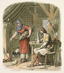 Alfred nella casetta del mandriano, c.AD 878, da A Chronicle of England BC 55 to AD 1485, pub. Londra
