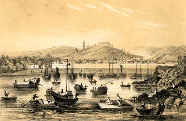Ningbo, uno dei cinque porti aperti dal recente trattato al commercio britannico, Cina, 1847
